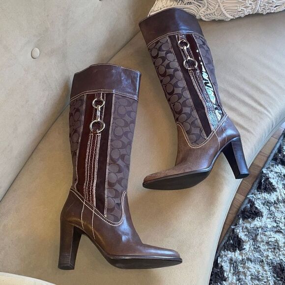 RARE Coach Yvette Tall Leather & Logo Fabric Mixed Media Boots sz 7.5 - Brown - Picture 1 of 13